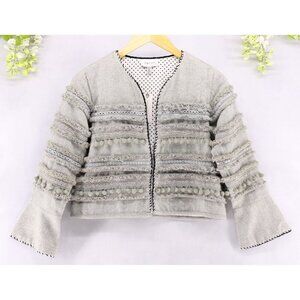 Anthropologie Harlyn Women's Annapolis Pompom Crop Jacket Wool Blend Grey XS NEW